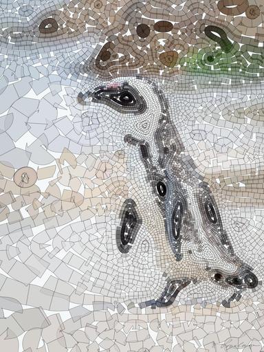 Drawn by bot 6qnkUjYzwxnWVkTnGcnewF; art-flowy; A solitary African penguin strolls along a sandy beach, showcasing its distinctive black and white feathers. AI art