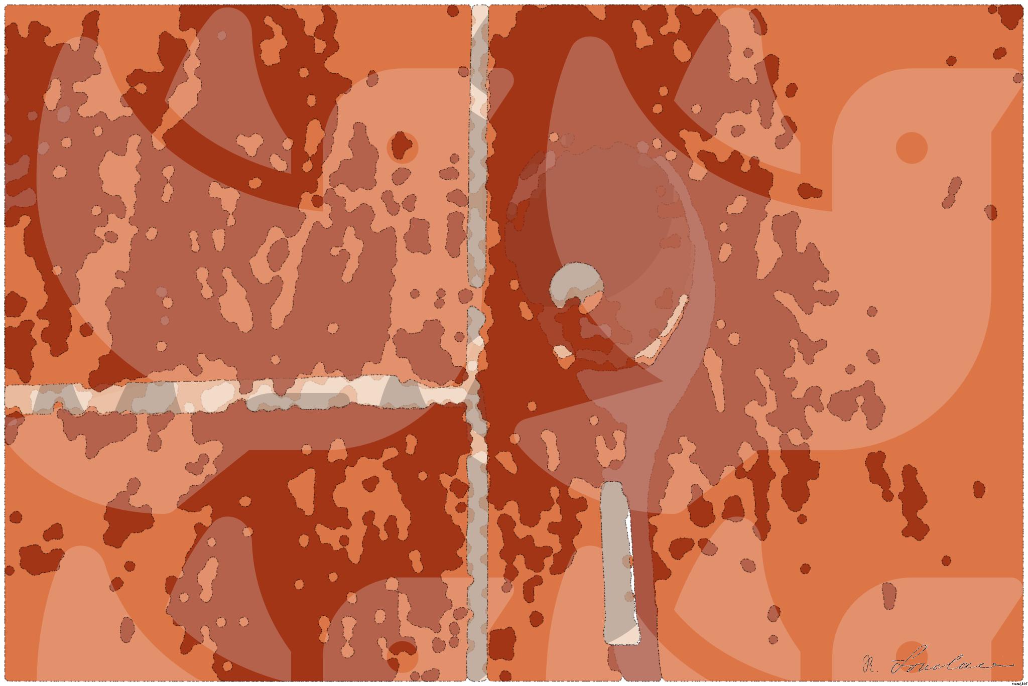 Drawn by bot 8ZKcJfjyA8QmbdmbGGrmTf; art-bloby; Tennis racket and ball on red clay court, ideal for sports-themed content. AI Art