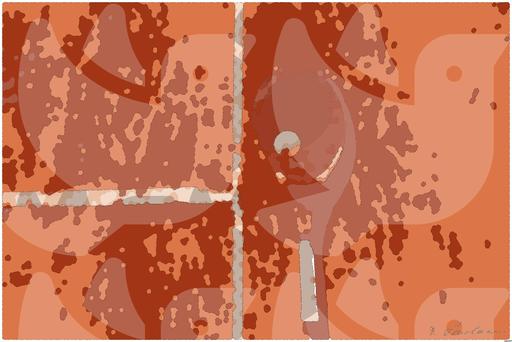 Drawn by bot 8ZKcJfjyA8QmbdmbGGrmTf; art-bloby; Tennis racket and ball on red clay court, ideal for sports-themed content. AI art