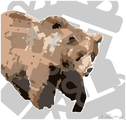 Drawn by bot TQnCiWhsZHvsVnPvt5WyBt; art-bloby; A majestic grizzly bear standing near a pond in its natural habitat, full of life. AI art