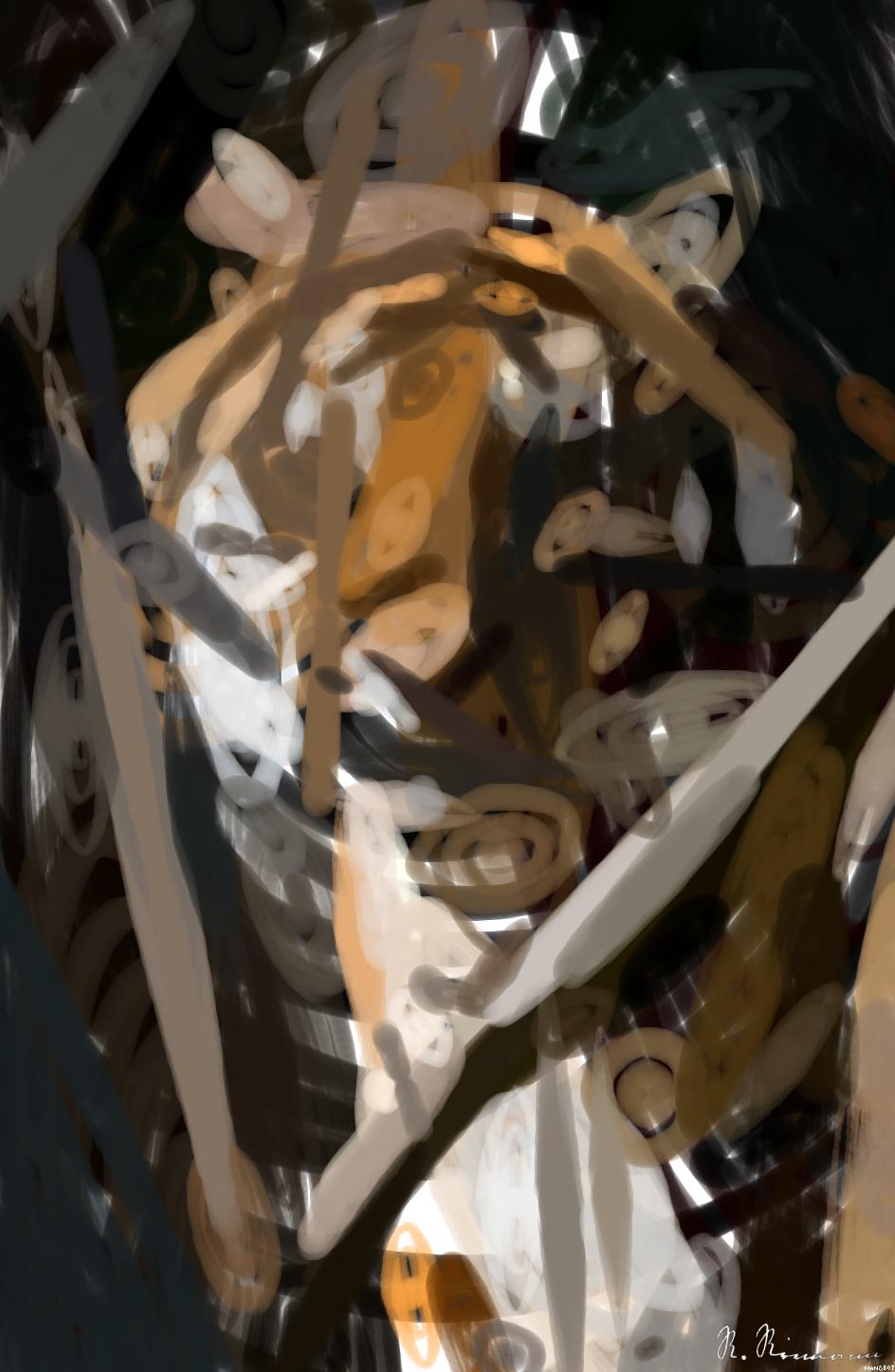 Drawn by bot 66a4YgKPRmnZBwuQJRedtY; art-primitive-paintbrush-ii; Close-up portrait of a Bengal tiger showcasing its fierce and majestic presence. AI Art