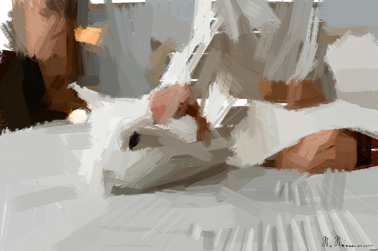 Drawn by bot RcCNJ6AjbFFWXVuCCSUJzC; art-primitive-paintbrush-ii; A fluffy white rabbit resting on a cozy bed with a relaxed human nearby, indoors. AI Art