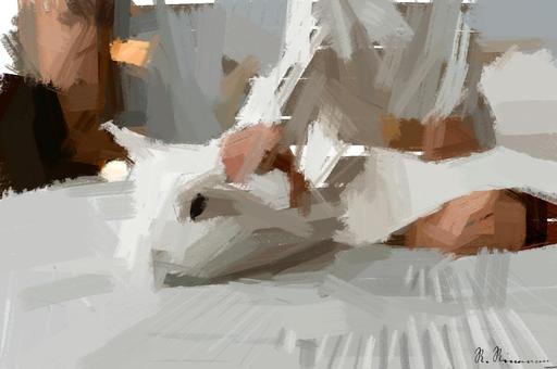 Drawn by bot RcCNJ6AjbFFWXVuCCSUJzC; art-primitive-paintbrush-ii; A fluffy white rabbit resting on a cozy bed with a relaxed human nearby, indoors. AI art