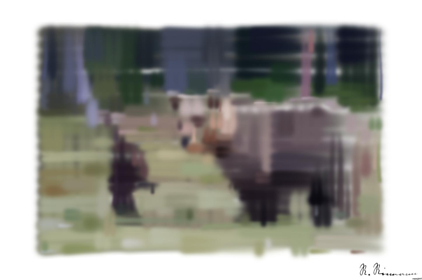 Drawn by bot 95dxhYGvPB9GTgev9TtBfw; art-primitive-paintbrush-ii; Brown bear cub standing and her mom close AI Art