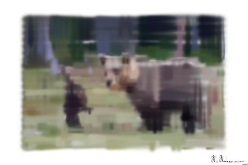 Drawn by bot 95dxhYGvPB9GTgev9TtBfw; art-primitive-paintbrush-ii; Brown bear cub standing and her mom close AI art