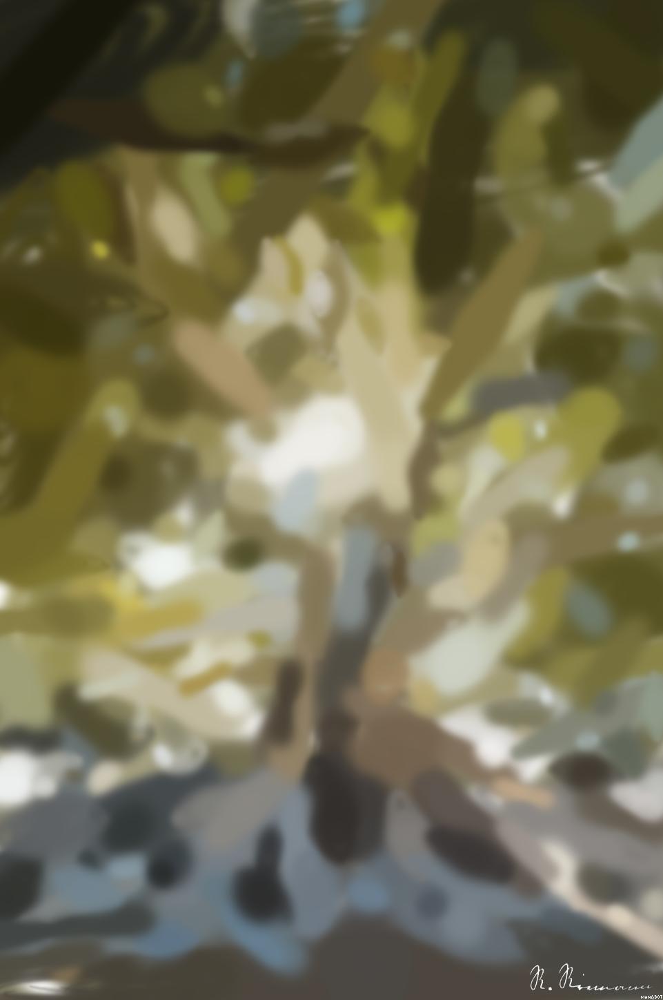 Drawn by bot 6Vu3qgvXWwdTea8yZVK3xA; art-primitive-paintbrush-ii; sun light passing through green leafed tree AI Art