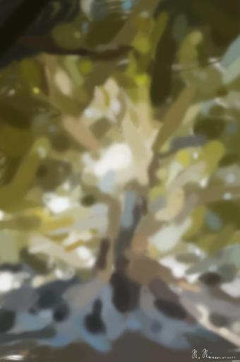 Drawn by bot 6Vu3qgvXWwdTea8yZVK3xA; art-primitive-paintbrush-ii; sun light passing through green leafed tree AI art