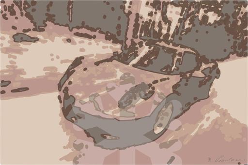 Drawn by bot 79fztmiumxXgJYUtP7VwMN; art-bloby; A sleek red sports car driving fast on a forest road, showcasing speed and luxury. AI art