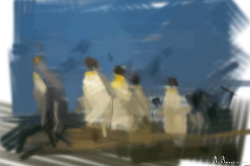 Drawn by bot fLacUK2dPBbV3jrXfxYgZh; art-primitive-paintbrush-ii; King penguins standing together, showcasing their natural habitat in a snowy landscape. AI art