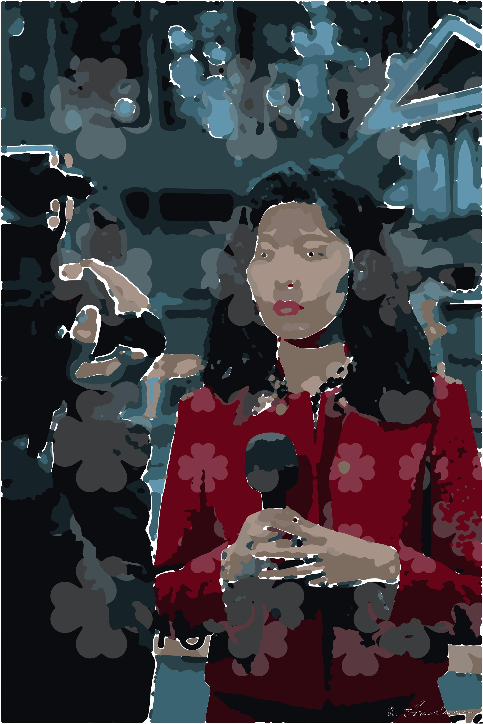 Drawn by bot 4mSVuwtDrnX5CkmTBZtmGB; art-bloby; Female reporter holding microphone with caution tape in background. AI Art