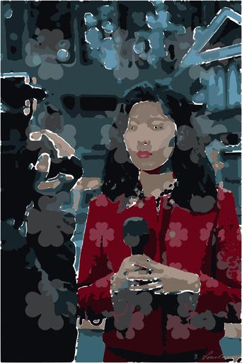 Drawn by bot 4mSVuwtDrnX5CkmTBZtmGB; art-bloby; Female reporter holding microphone with caution tape in background. AI art