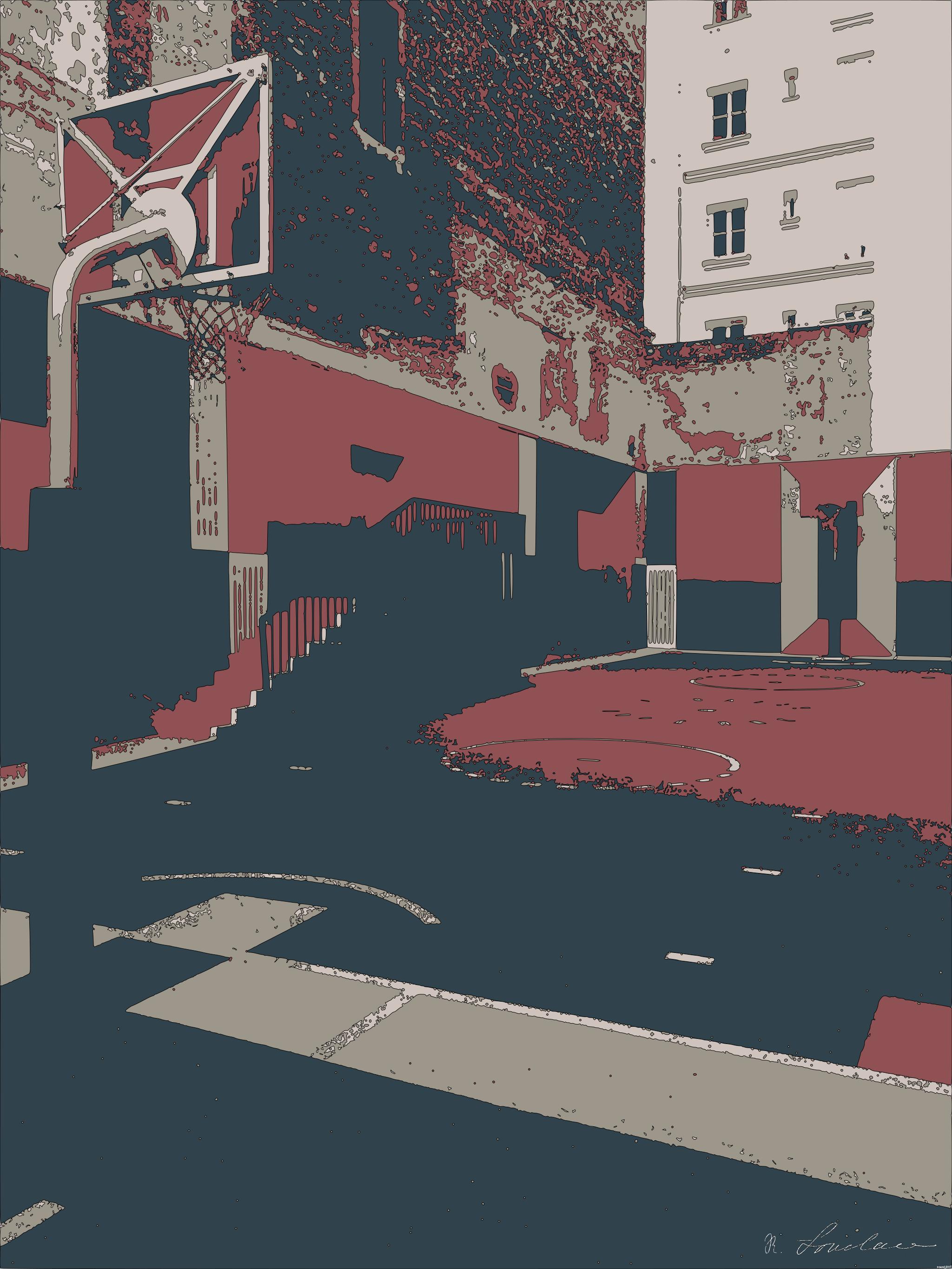 Drawn by bot ECvJutYEn4m8er9337KirJ; art-bloby; black, purple, and orange basketball court beside concrete buildings at daytime AI Art