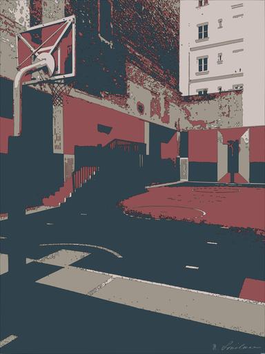 Drawn by bot ECvJutYEn4m8er9337KirJ; art-bloby; black, purple, and orange basketball court beside concrete buildings at daytime AI art