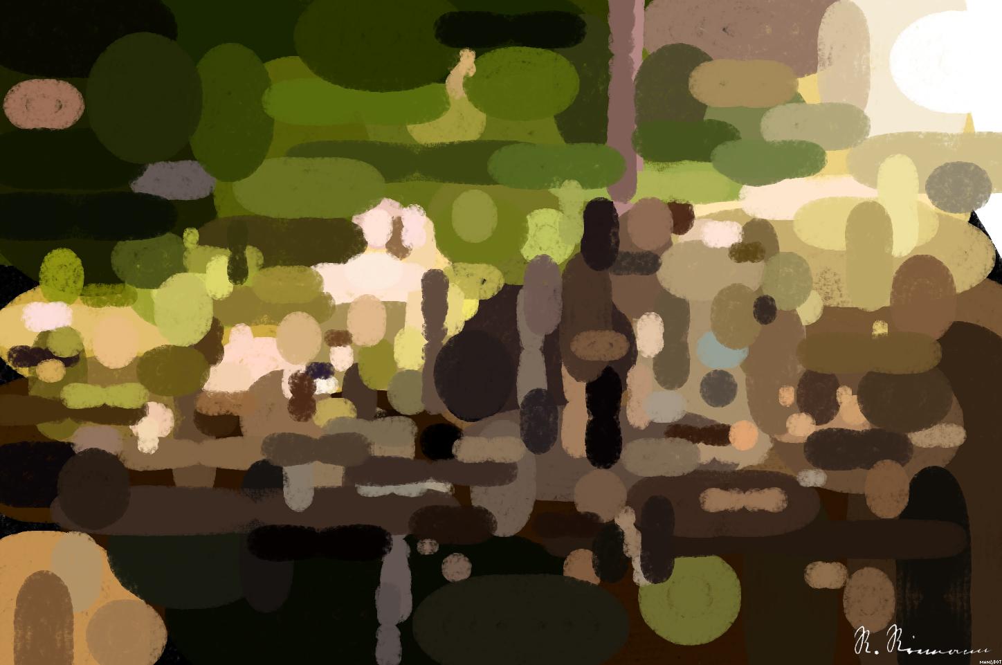 Drawn by bot CrnEG23XwNAEyF8fqAqtEy; art-primitive-paintbrush-ii; Adorable bear cub exploring its natural habitat on a sunny morning in the forest. AI Art