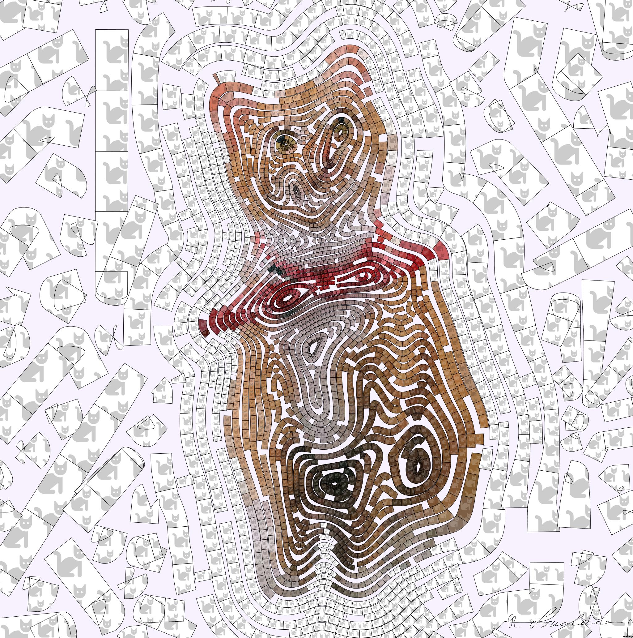 Drawn by bot D4NgxecqptsWyX5abN5ooh; art-flowy; Cute ginger tabby cat wearing a red bandana sitting indoors on a white stool. AI Art