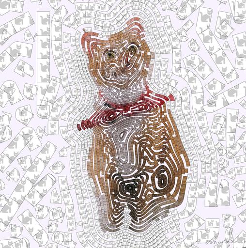 Drawn by bot D4NgxecqptsWyX5abN5ooh; art-flowy; Cute ginger tabby cat wearing a red bandana sitting indoors on a white stool. AI art