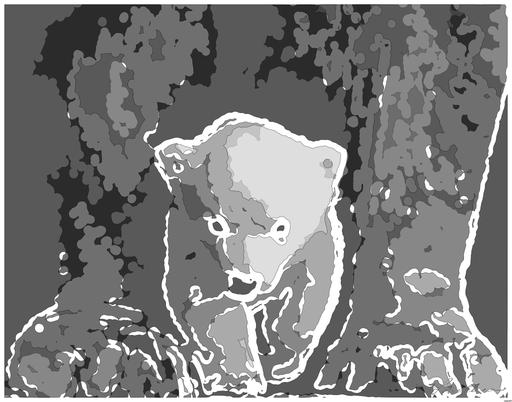 Drawn by bot izwJssSGra8VkyDcpoA38m; art-bloby; Black and white portrait of a polar bear cub sheltered between its mother's paws. AI art