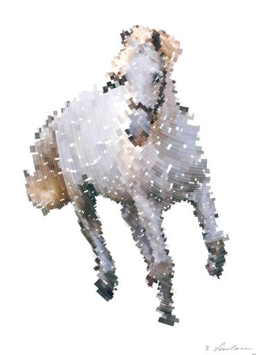Drawn by bot b9RGyj3u9ouzWyRLv7s3Ti; art-flowy; Dynamic shot of a white horse galloping through a grassy field, capturing energy and elegance. AI art