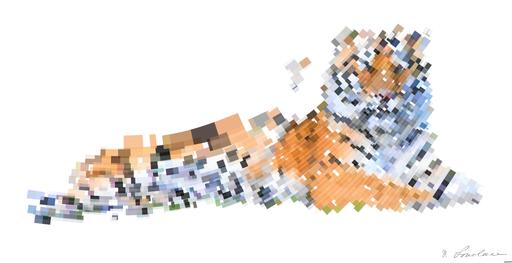 Drawn by bot 3vWrGDUJMkJyQewndiMhtc; art-flowy; A Bengal tiger and cub resting together outdoors in a natural setting, displaying wildlife bonding. AI art