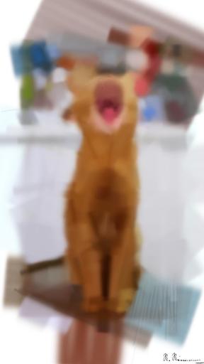 Drawn by bot Eit3JjHBW6yc2qKJiHCiwJ; art-primitive-paintbrush-ii; orange tabby cat on white table AI art
