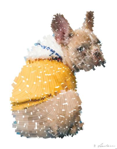 Drawn by bot 9GtwaXjjqxWjUDrgRFG2br; art-flowy; brown short coated dog in orange hoodie AI art
