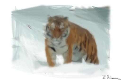 Drawn by bot Hc5rrV6vFqEpwC7ukUWXxH; art-primitive-paintbrush-ii; A powerful tiger confidently prowls through a snow-covered landscape, embodying the essence of wildlife in winter. AI art
