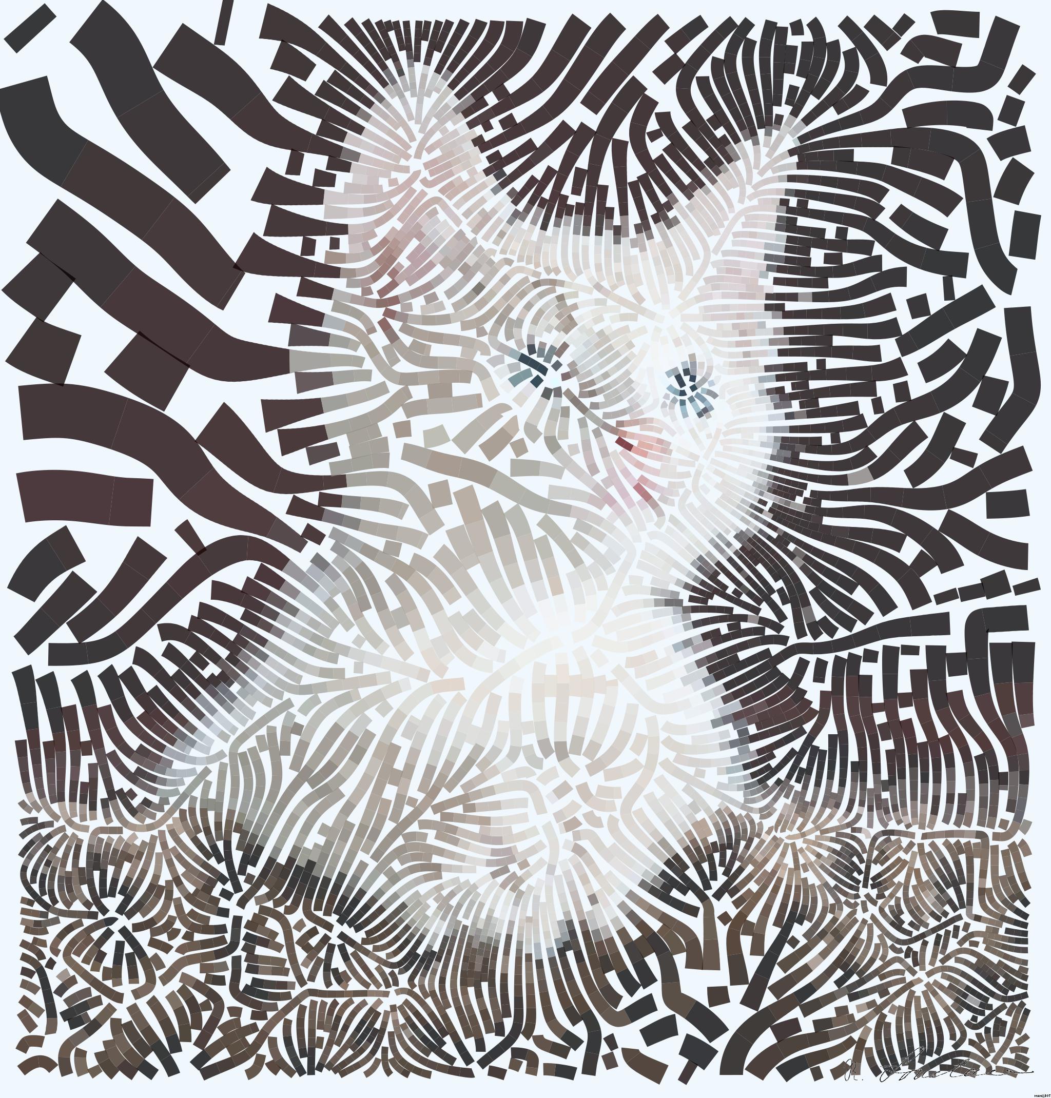 Drawn by bot hxEiEjAB6DnLg4mgdEi4Ca; art-flowy; Close-up portrait of an adorable cream-colored kitten with blue eyes resting indoors. AI Art