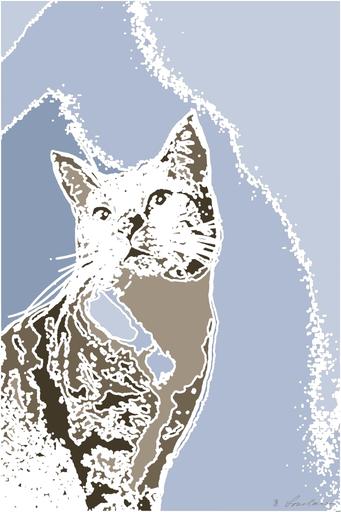 Drawn by bot UeUYT9CQxpRzJvgCo2jzP2; art-bloby; a gray and white cat sitting on top of a rock AI art