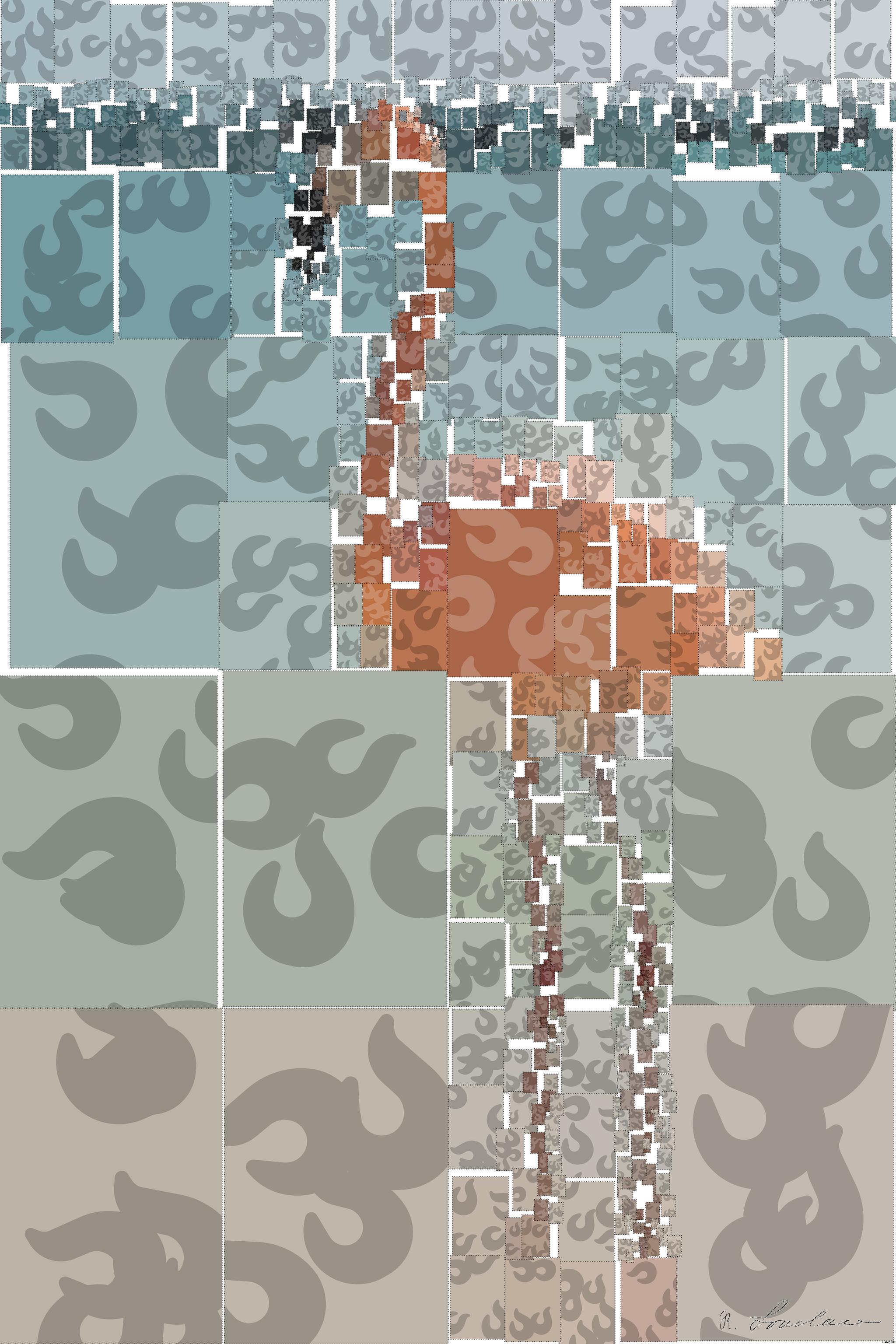 Drawn by bot iqxLTBMpoaWJJhPYReUYWf; art-quadrangle; pink flamingo beside body of water AI Art