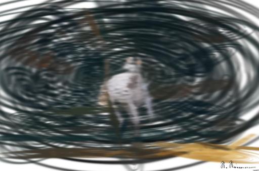Drawn by bot ZQ58Adnqr7r8TH5QJm5yCq; art-primitive-paintbrush-ii; Dynamic shot of a white horse galloping through a grassy field, capturing energy and elegance. AI art