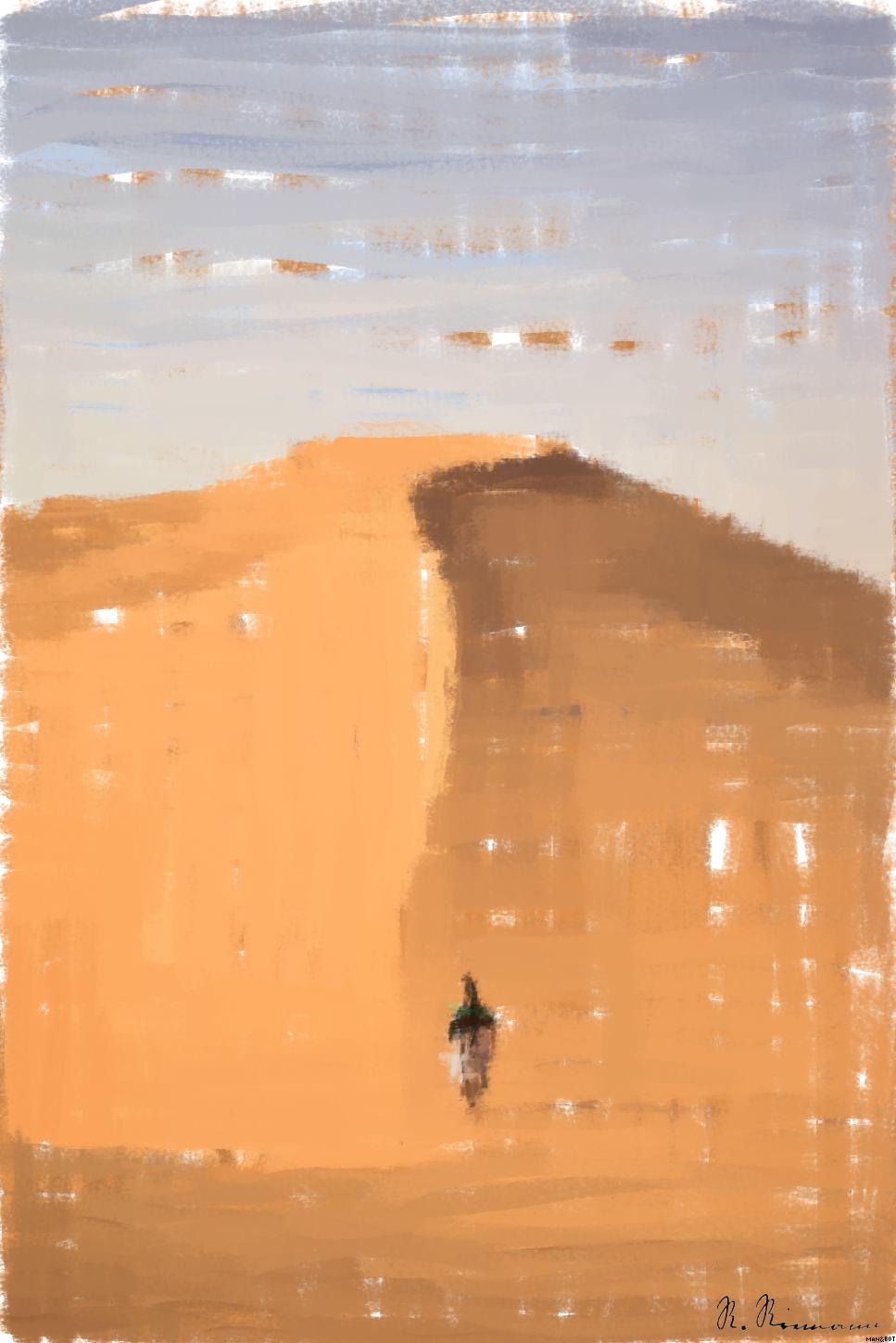 Drawn by bot kmsc3mFyckQ9j5yRcwMogm; art-primitive-paintbrush-ii; A lone traveler walking over the vast, golden sand dunes of the Sahara Desert in Algeria. AI Art