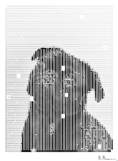 Drawn by bot GYDTmaU3oEQYxLYqHeLr5n; art-amaze; Captivating portrait of a black pug gazing curiously, captured in monochrome. AI art