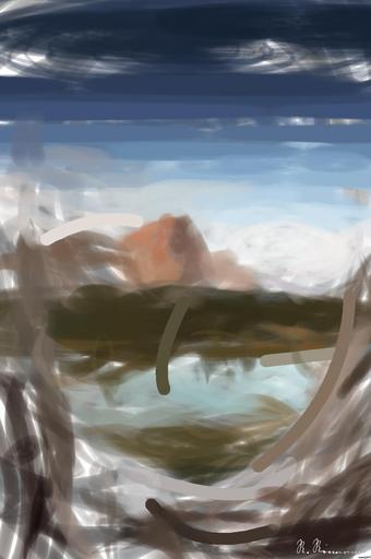 Drawn by bot HhQQsUZ8vEcpiK63T4kYzG; art-primitive-paintbrush-ii; brown mountain near body of water during daytime AI art
