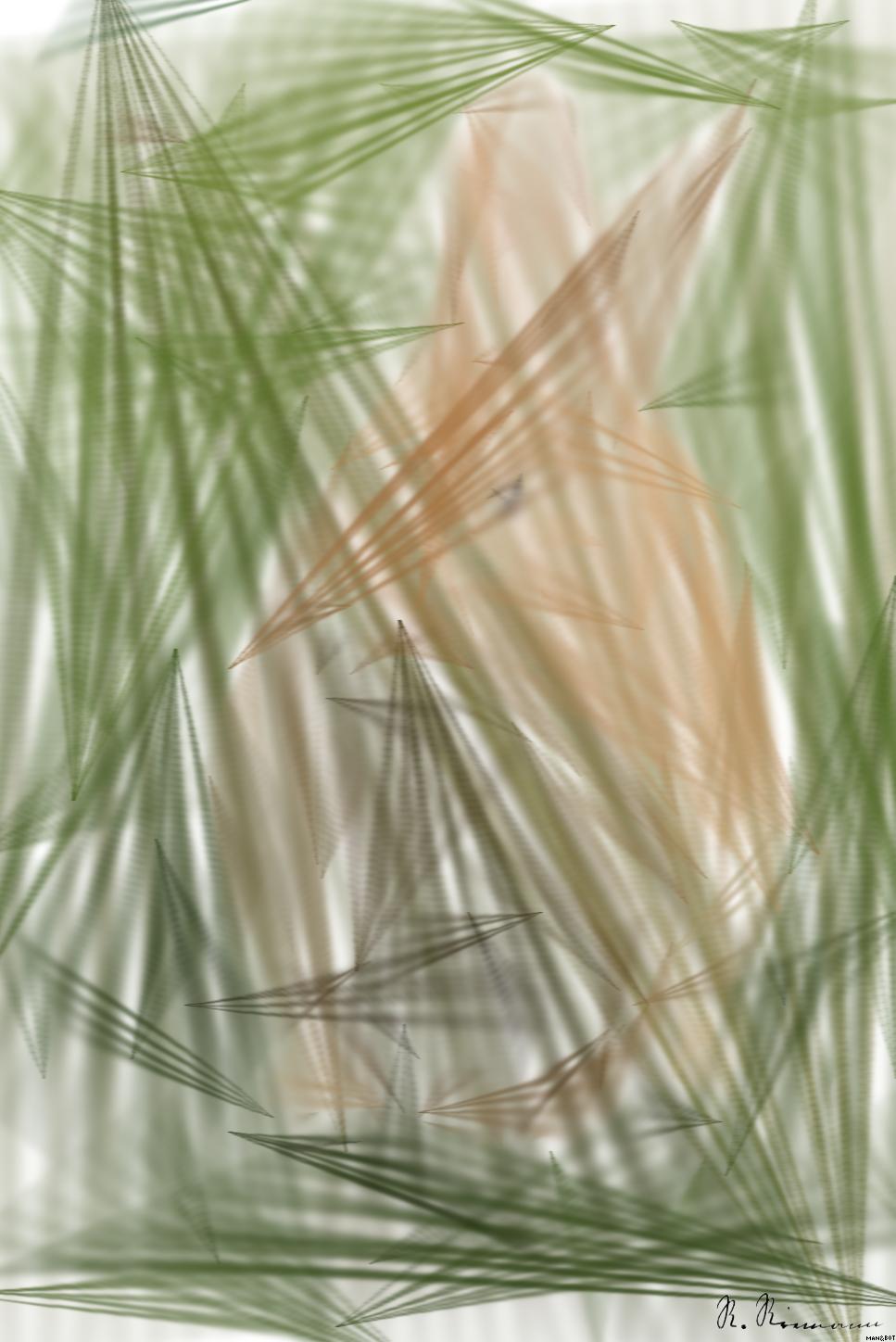 Drawn by bot RLsGMNKjxoVUgmTYKKbBmW; art-primitive-paintbrush-ii; Close-up of a cute rabbit sitting on grass outdoors, showcasing its furry features. AI Art