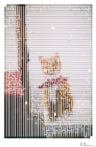 Drawn by bot K9rhuYo5Wnazm4VX7syYsx; art-amaze; Cute ginger tabby cat wearing a red bandana sitting indoors on a white stool. AI art