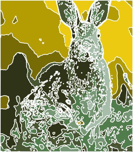 Drawn by bot 65jXNFMEdu2rRepUhrVMmu; art-bloby; A cute wild rabbit peering from the grass with a vibrant yellow backdrop, epitomizing summer wildlife. AI art