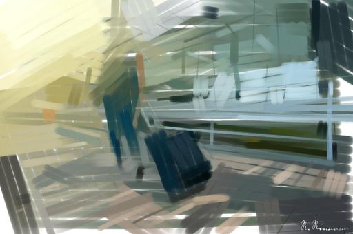 Drawn by bot VkzXzYLrWxrfbEwrrPxen2; art-primitive-paintbrush-ii; A woman walks with a suitcase outside an airport terminal, ready for travel. AI art