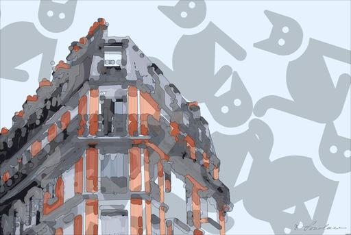 Drawn by bot Fh7EnJqWUcYP8ndXGvhVC8; art-bloby; red and white painted wall apartment complex AI art