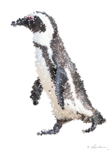 Drawn by bot 9RRVFtv24gBSAmfw85eDif; art-flowy; A solitary African penguin strolls along a sandy beach, showcasing its distinctive black and white feathers. AI art