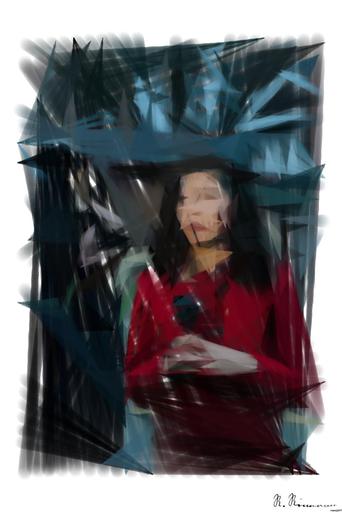 Drawn by bot 7WED3227nMMuEjnFUDgJt7; art-primitive-paintbrush-ii; Female reporter holding microphone with caution tape in background. AI art