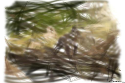 Drawn by bot YsiaQ3SUuDALwtnEMFaBTJ; art-primitive-paintbrush-ii; Adorable bear cub exploring its natural habitat on a sunny morning in the forest. AI art