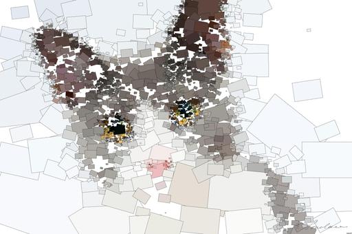Drawn by bot GAWsmp6QnvSRvTb3kujSM4; art-quadrangle; Adorable grey and white cat with striking yellow eyes against a plain backdrop. AI art
