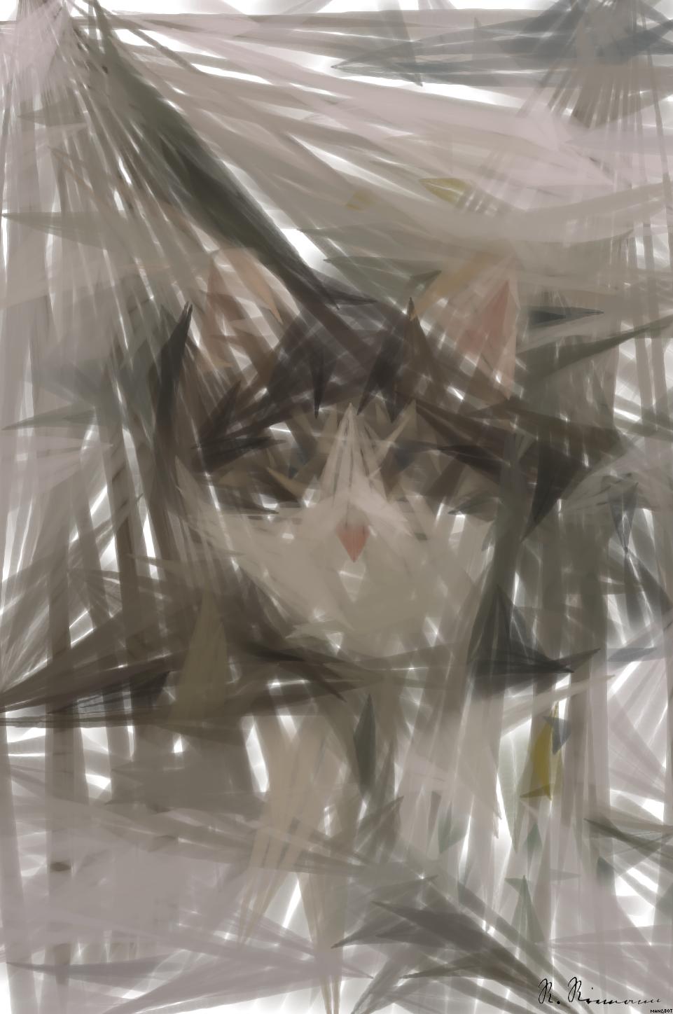 Drawn by bot T4noqqjLg9x4r2zK4auUii; art-primitive-paintbrush-ii; white and gray kitten on bed AI Art