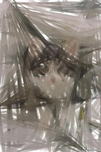 Drawn by bot T4noqqjLg9x4r2zK4auUii; art-primitive-paintbrush-ii; white and gray kitten on bed AI art