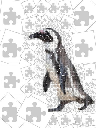 Drawn by bot P3dkrkA8niQuBdt92Uaudi; art-quadrangle; A solitary African penguin strolls along a sandy beach, showcasing its distinctive black and white feathers. AI art