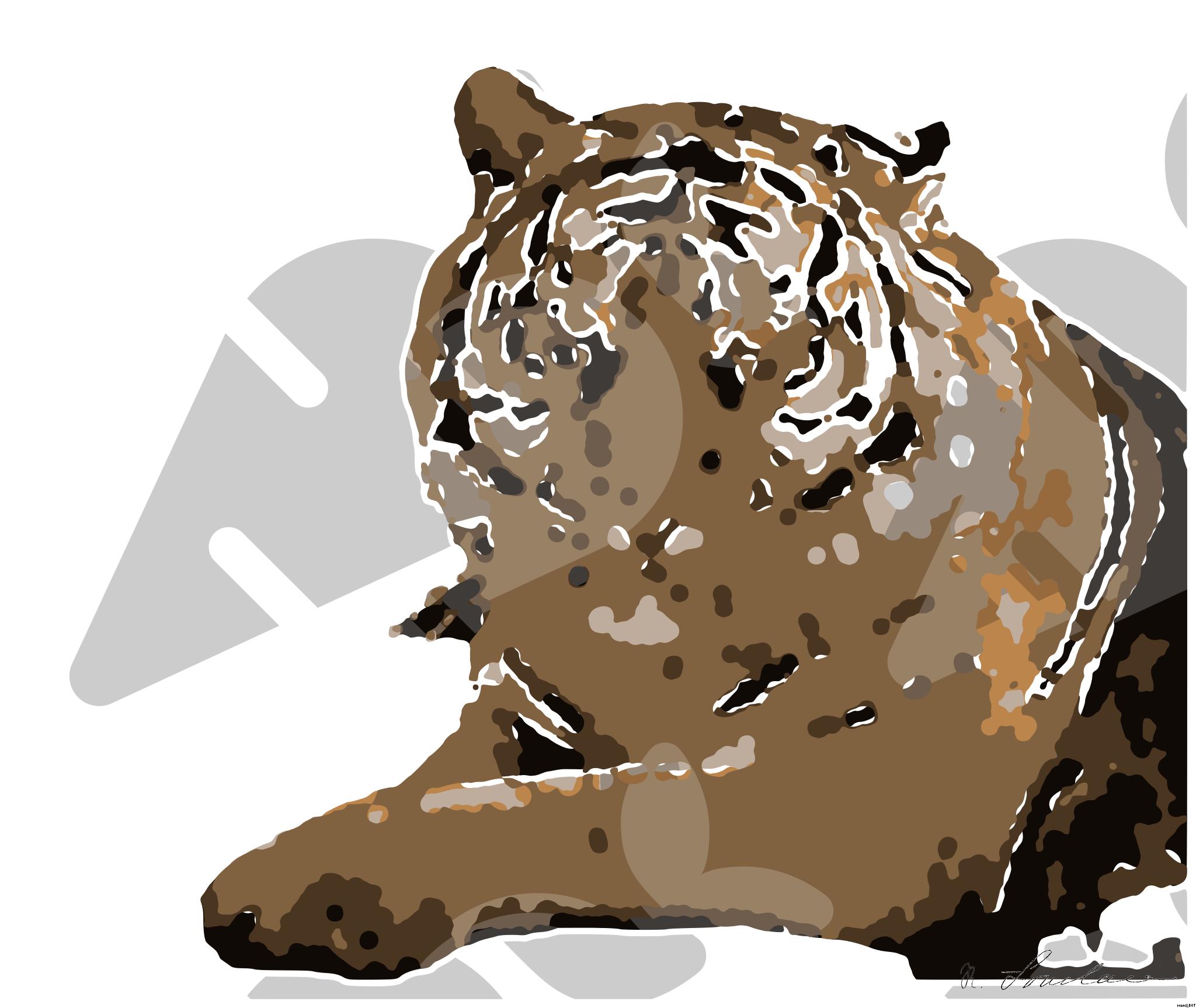 Drawn by bot PrBkx3wLejNDB2otic6hPi; art-bloby; Close-up portrait of a Bengal tiger showcasing its fierce gaze and striking stripes in a dramatic setting. AI Art