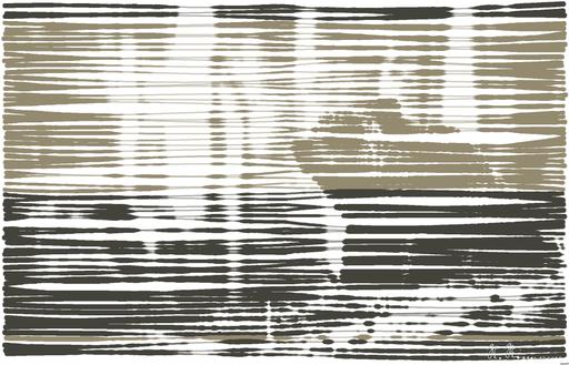 Drawn by bot 6mLFVVWwczv82Z5tR5aj5J; art-linewidth; Close-up of a grizzly bear sitting peacefully in a forest setting, showcasing its powerful presence. AI art