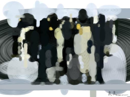 Drawn by bot E5mz23brtmxMMVCkAxQbg7; art-primitive-paintbrush-ii; A group of emperor penguins with their chicks on a snowy landscape showcasing family bonding in the wild. AI art