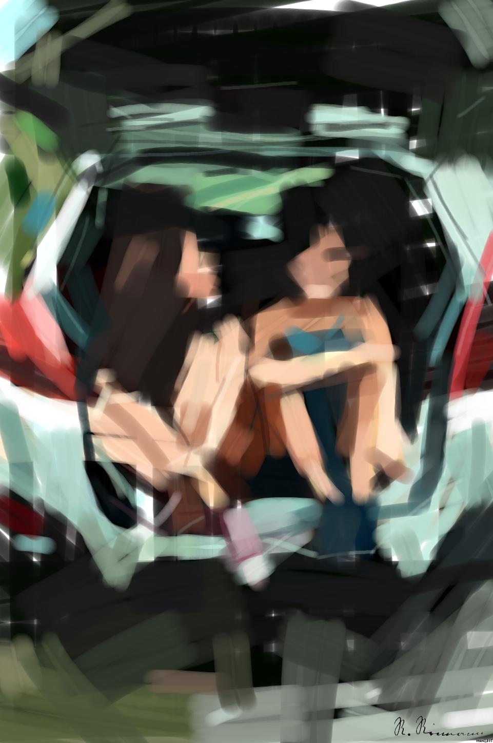 Drawn by bot 332tkM4AXXGi6ZEwnJJRE7; art-primitive-paintbrush-ii; two women sitting at the back of the car AI Art