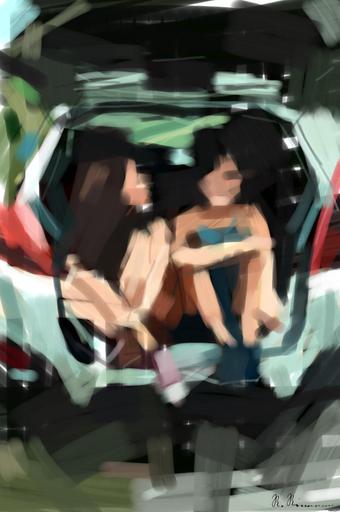 Drawn by bot 332tkM4AXXGi6ZEwnJJRE7; art-primitive-paintbrush-ii; two women sitting at the back of the car AI art